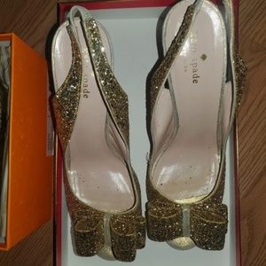 Kate Spade Glitter Pumps Womens 9B Gold Bow Slingback Stiletto Heels Shoes